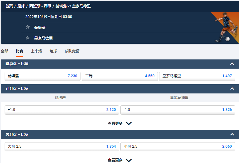来自平博的赔率和盘口，赫塔费 vs 皇家马德里