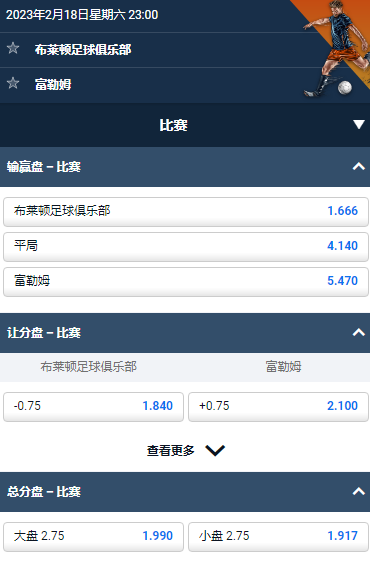 英超，布莱顿 vs 富勒姆，平博的赔率和盘口