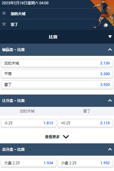 英冠,加的夫城 vs 雷丁,平博的赔率和盘口