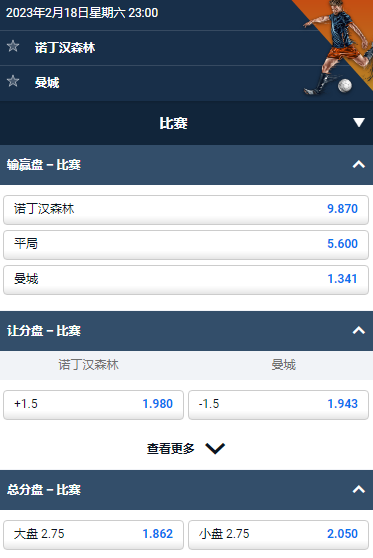 英超,诺丁汉森林 vs 曼城,平博的赔率和盘口