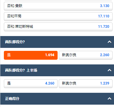 平博,两队都得分的赔率为1.694