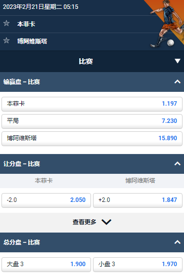 葡萄牙超,本菲卡 vs 博阿维斯塔,平博的赔率和盘口