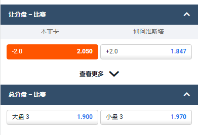 平博,本菲卡让分-2.0,赔率为2.05