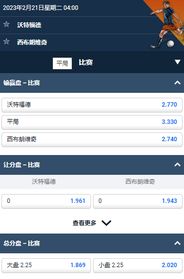 英冠,沃特福德 vs 西布朗维奇,平博的赔率和盘口