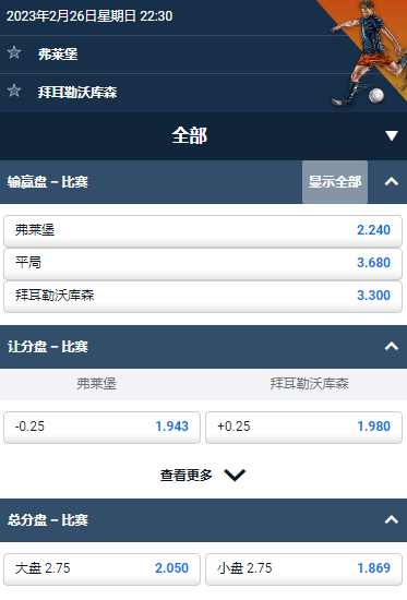 德甲,弗莱堡 VS 拜耳勒沃库森,平博的赔率和盘口
