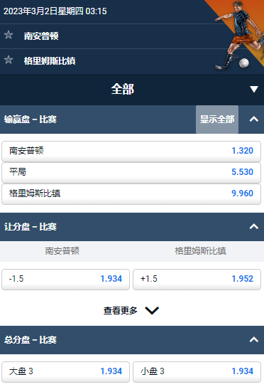 足总杯,南安普顿 - 格里姆斯比镇,平博的赔率和盘口