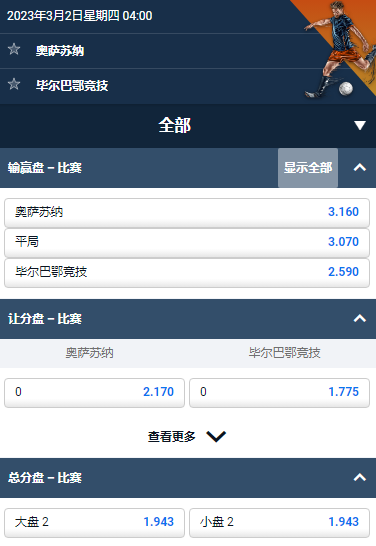 国王杯,奥萨苏纳 - 毕尔巴鄂竞技,平博的赔率和盘口