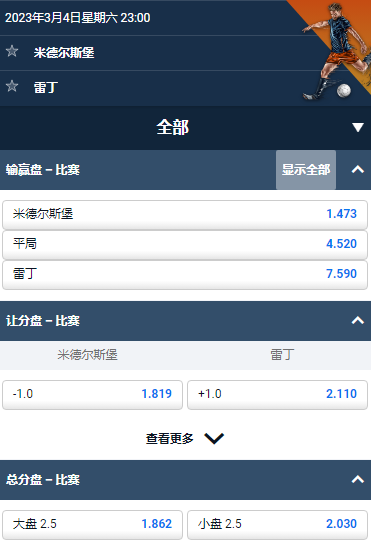 米德尔斯堡 - 雷丁,平博的英冠赔率和盘口