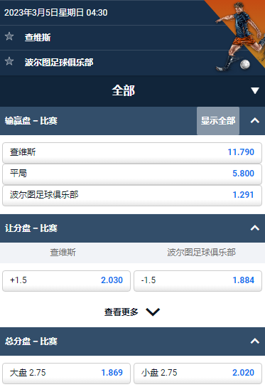 平博,葡萄牙超,查维斯 - 波尔图,赔率和盘口