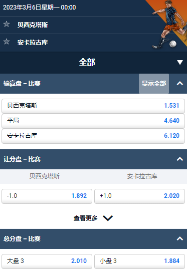 土耳其超,贝西克塔斯 - 安卡拉古库,平博的赔率和盘口