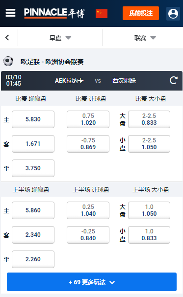 欧洲协会联赛,AEK拉纳卡 - 西汉姆联,平博赔率和盘口