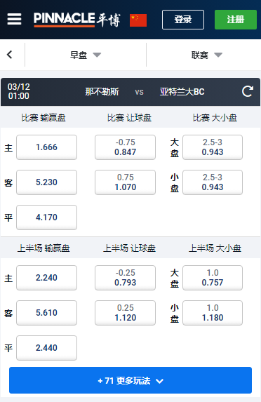 平博,那不勒斯-亚特兰大,赔率和盘口