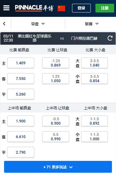 平博,莱比锡-门兴格拉德巴赫,赔率和盘口