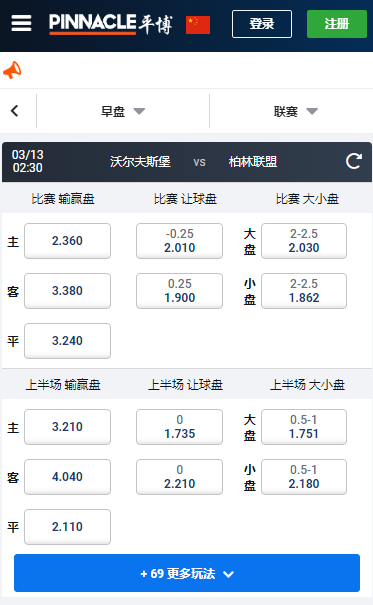 德甲,沃尔夫斯堡-柏林联盟,平博赔率和盘口