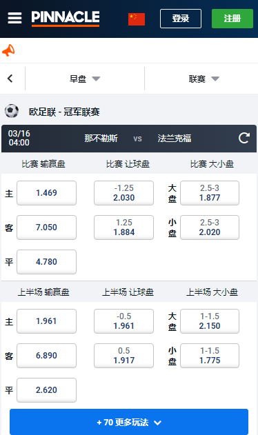欧冠，那不勒斯-法兰克福，平博赔率和盘口