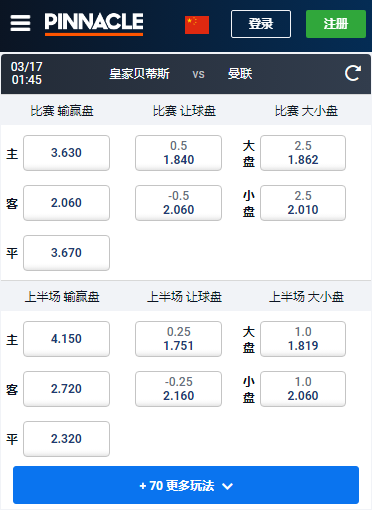 欧洲联赛，皇家贝蒂斯-曼联，平博赔率和盘口