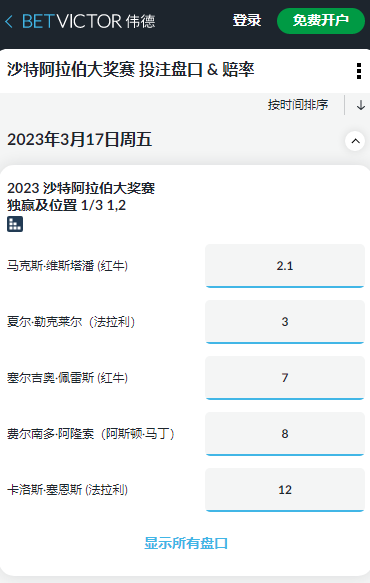 F1沙特阿拉伯大奖赛，伟德的赔率和盘口