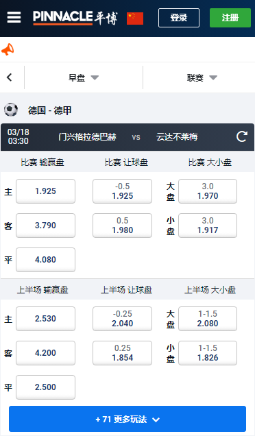德甲,门兴格拉德巴赫-云达不莱梅,平博赔率和盘口
