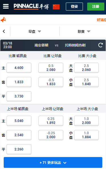 英超,南安普顿-热刺,平博赔率和盘口