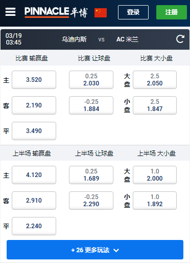 意甲,乌迪内斯-AC米兰,平博赔率和盘口