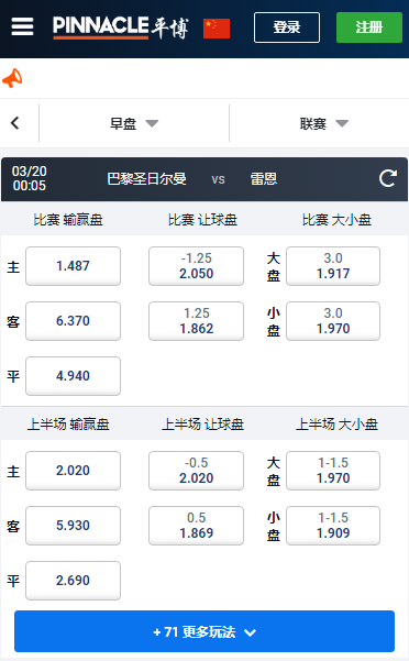 法甲,PSG-雷恩,平博赔率和盘口