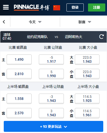 纽约尼克斯 对 迈阿密热火，平博的赔率和盘口