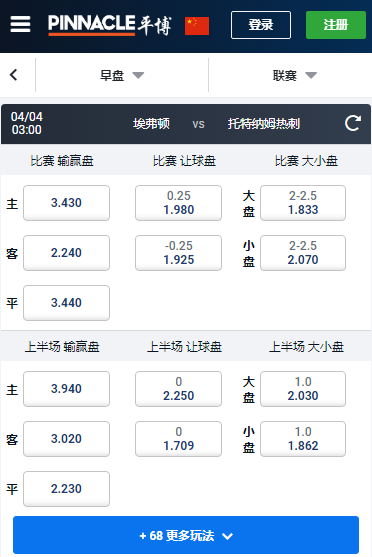 埃弗顿-热刺，平博赔率盘口